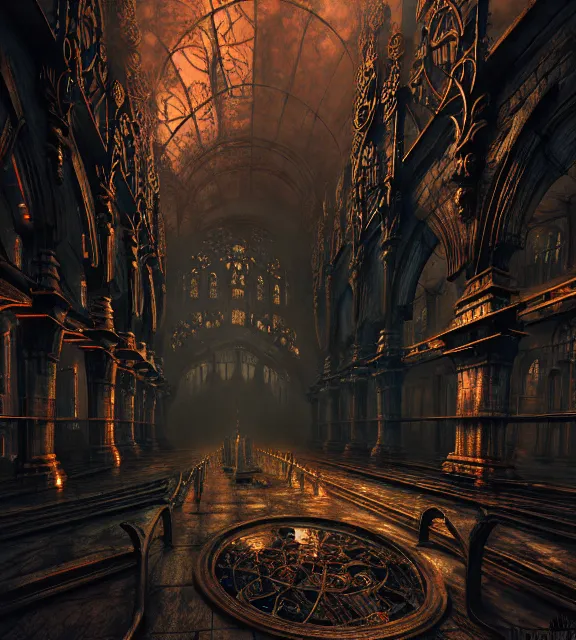 Image similar to steam necropolis, memento mori, gothic, neo - gothic, art nouveau, hyperdetailed copper patina medieval icon, stefan morrell, philippe druillet, ralph mcquarrie, concept art, steampunk, unreal engine, detailed intricate environment, octane render, moody atmospherics, volumetric lighting, ultrasharp, ominous, otherworldly