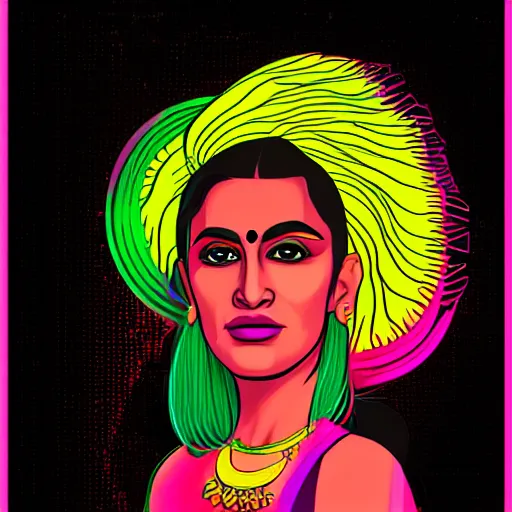 Image similar to a portrait of an indian trans woman, in retro colors, synthwave style, 2 d digital vector art