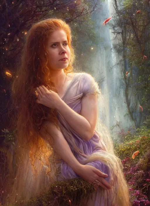 Image similar to Amy Adams staring into the camera, misty wisps, fireflies, Lilia Alvarado, Sophie Anderson, Mark Arian, Bob Byerley, Charlie Bowater, Mark Brooks, Steve Henderson, Justin Gerard, Arthur Hughes, Edward Robert Hughes, Mark Keathley, Victor Nizovtsev, Carlos Shwabe, Ross Tran, WLOP