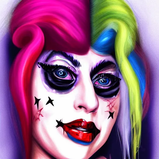Prompt: Lady Gaga as Harley Quinn, digital painting