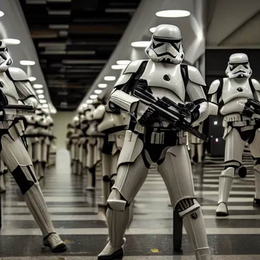 Image similar to Star wars troopers fighting with bananas in a supermarkets fish area, the star wars troopers try shooting and hitting other troopers with bananas, high perspective inside the store, high field of view, 40nm lens, split lighting, 4k,