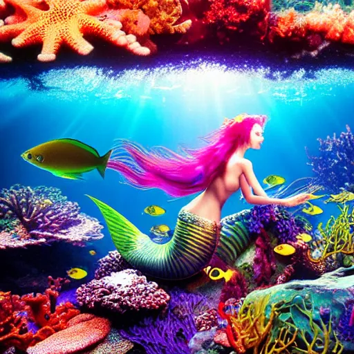 Prompt: a colorful cyborg mermaid, underwater, lush vegetation and coral, fish swimming around, god rays, dreamy, atmospheric, by Yoshitaka Amano