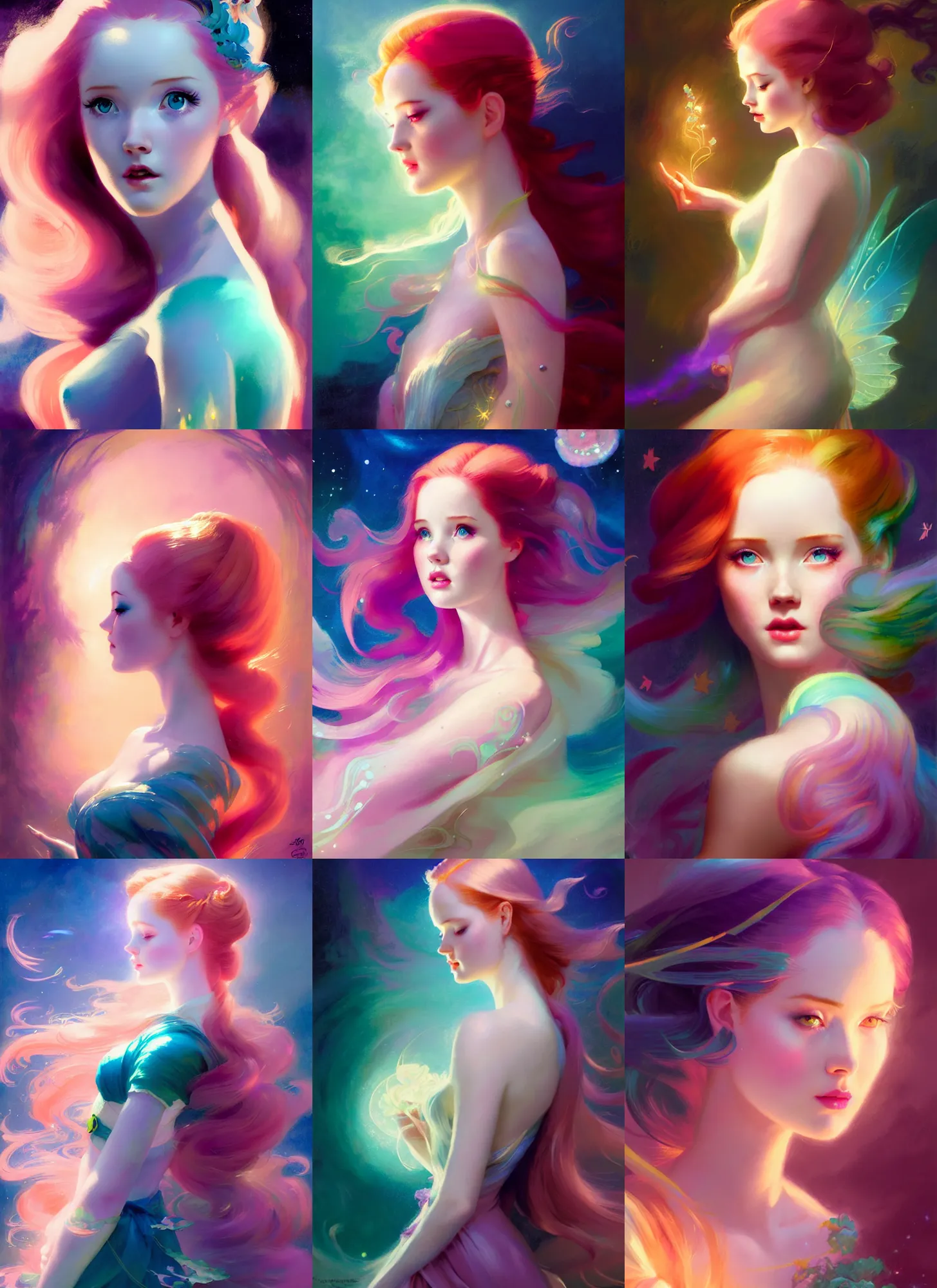 Prompt: side portrait, ellie bamber, fairy, gloomhaven, luminescent, colorful swirly magic ripples, pastel colors, by greg manchess, huang guangjian, gil elvgren, sachin teng, greg rutkowski, jesper ejsing, ilya kuvshinov