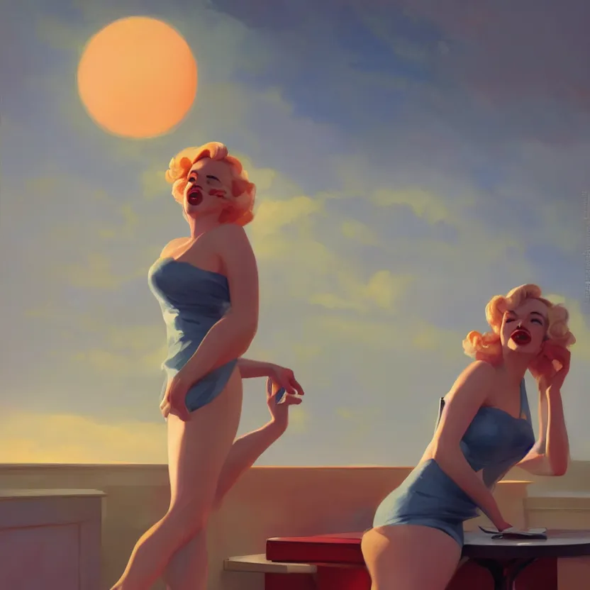 Prompt: a cinematic marilyn monroe, octane render, hyperrealistic, at sunrise, by edward hopper jesper ejsing, by rhads, makoto shinkai and lois van baarle, ilya kuvshinov, rossdraws