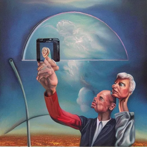 Image similar to selfie at the end of time, surrealist painting