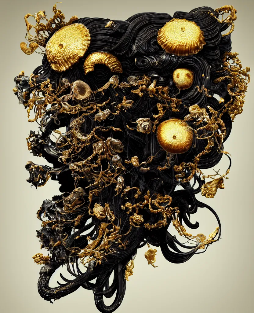 Image similar to black background. goddess princess face close-up portrait ram skull. sculpture made of gold and brilliants. jellyfish phoenix head, nautilus, orchid, skull, betta fish, bioluminiscent creatures, intricate artwork by Tooth Wu and wlop and beeple. octane render, trending on artstation, greg rutkowski very coherent symmetrical artwork. cinematic, hyper realism, high detail, octane render, 8k