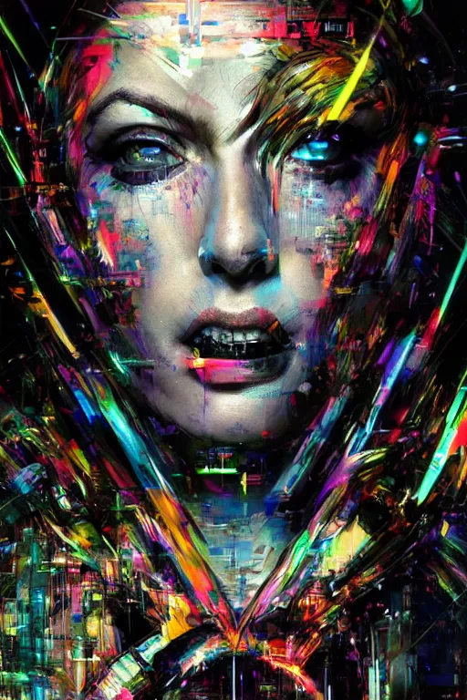 Image similar to portrait, headshot, digital painting, an delightfully mad techno - shaman lady, wink, synthwave, tensor field, glitch, refraction, fracture, realistic, hyperdetailed, chiaroscuro, concept art, art by john berkey