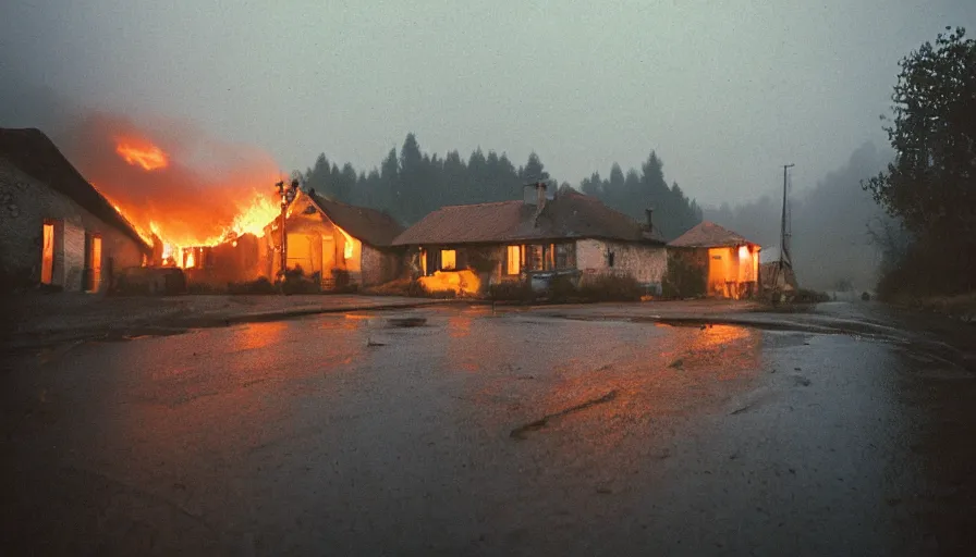 Image similar to 1 9 7 0 s movie still of a heavy burning french style little house in a small northern french village by night, rainy, foggy, cinestill 8 0 0 t 3 5 mm, heavy grain, high quality, high detail, dramatic light, anamorphic, flares