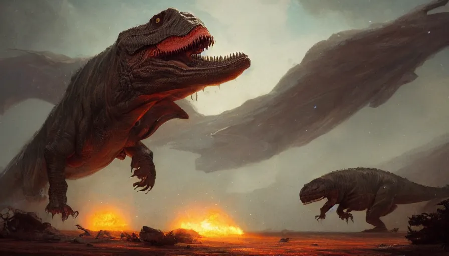 Prompt: tyrannosaurus defends its land from aliens, illustrated by Greg Rutkowski and Gaston Bussiere, 8k