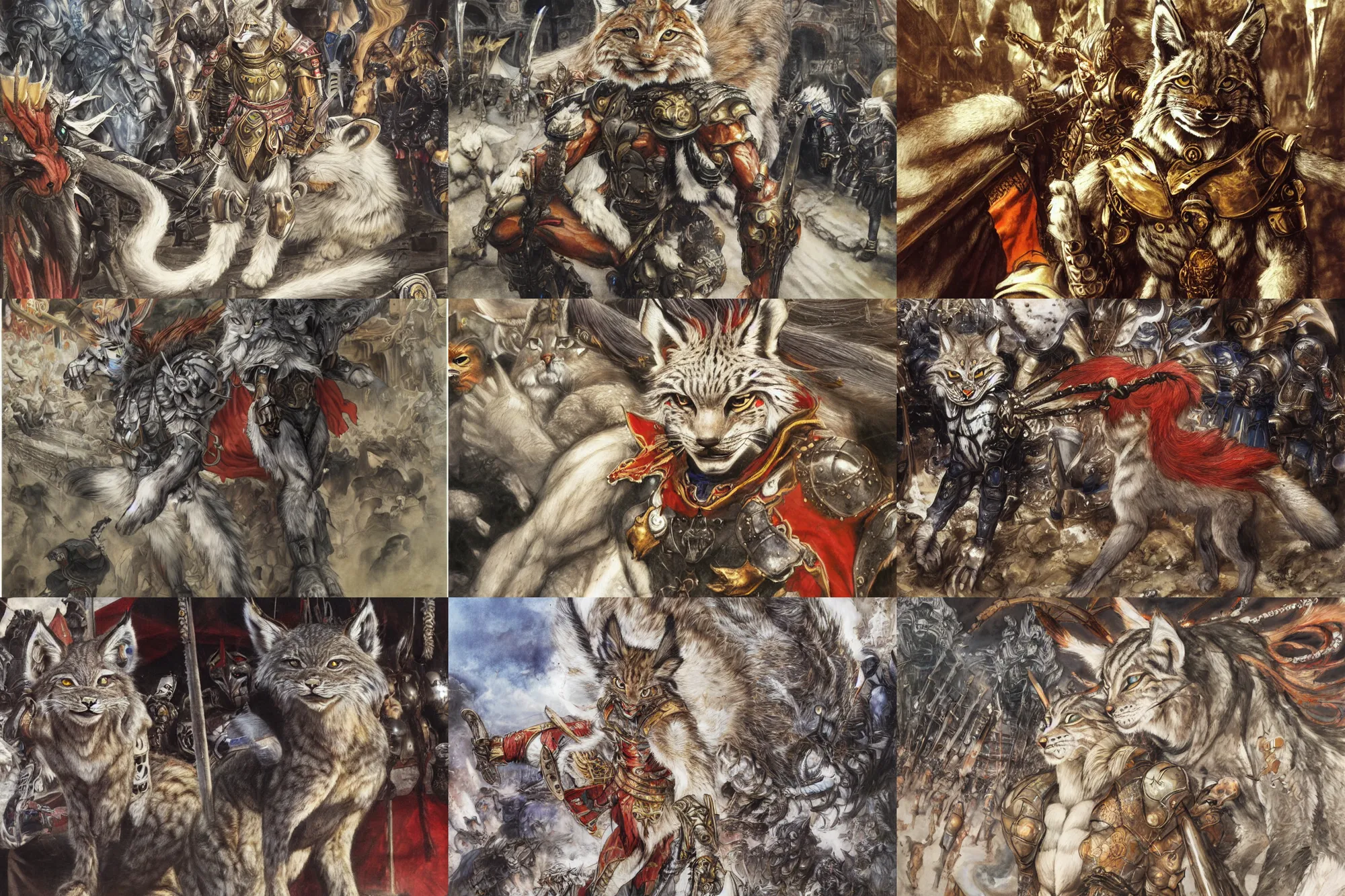 Image similar to 8k Yoshitaka Amano painting of upper body of a young cool looking lynx beast-man with white mane at a medieval market at windy day. Depth of field. He is wearing complex fantasy armors. He has huge paws. Renaissance style lighting.