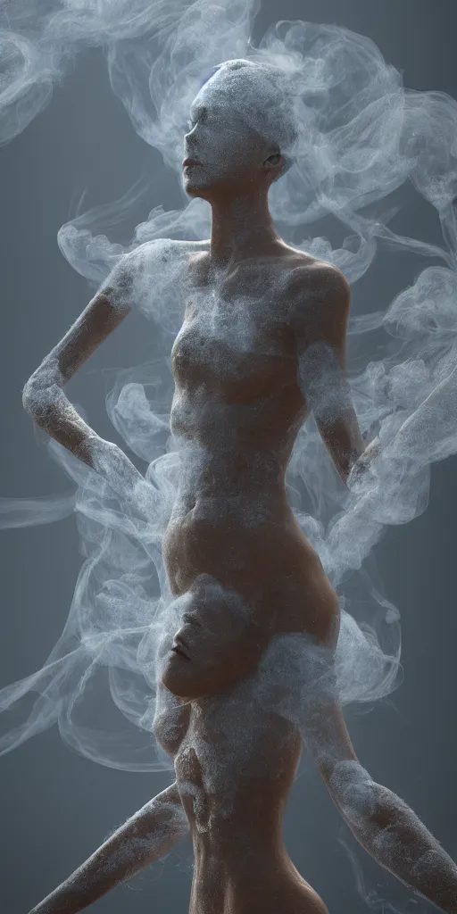 Image similar to a radiant goddess with many arms obscured by wisps of smoke and dust particles, fluid simulation, particle simulation, ephemeral, highly detailed, hyperrealism, octane render