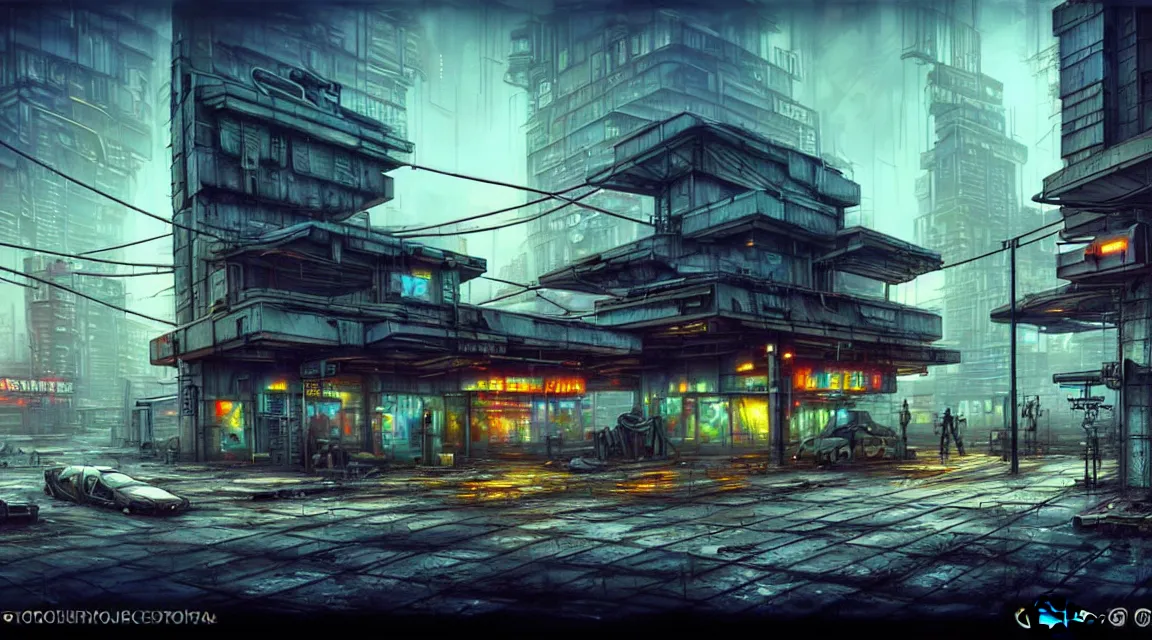Image similar to post apocalyptic cyberpunk police station, building, avenue, urban architecture, americana architecture, concrete architecture, cloudy sky, paved roads, by guido borelli, by boris vallejo trending on artstation, photorealistic, wild vegetation, utopian, futuristic, blade runner, vivid colors scheme, neon signs, sharp, clear, focus