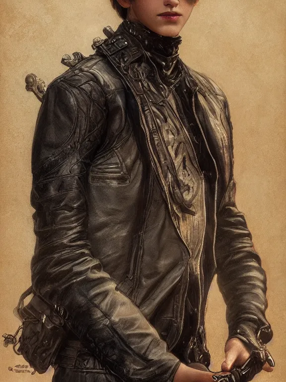 Prompt: a beautiful and detailed matte painting of a young male teenage boy wearing a leather jacket, fantasy, d & d, dark eyeliner, intricate, elegant, highly detailed, digital painting, artstation, concept art, matte, sharp focus, illustration, art by greg rutkowski and alphonse mucha