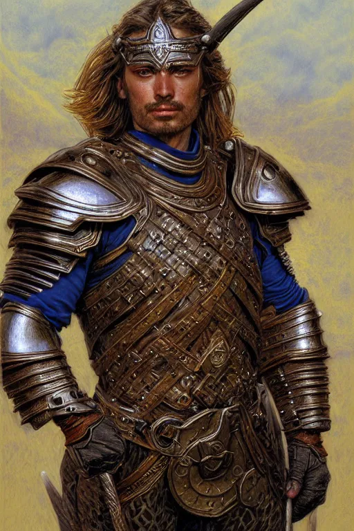 Prompt: head and shoulders portrait of a warrior, male, breastplate, magical, high fantasy, d & d, by donato giancola, face details, extremely detailed, digital illustration