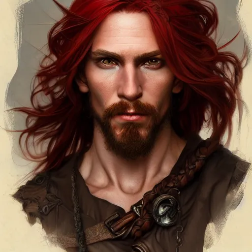 Image similar to portrait of a young ruggedly handsome but joyus pirate, male, masculine, upper body, red hair, very long hair, d & d, fantasy, intricate, elegant, highly detailed, digital painting, artstation, concept art, matte, sharp focus, illustration, art by artgerm and greg rutkowski and alphonse mucha