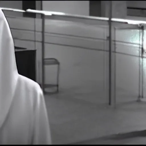 Image similar to cctv footage of a hooded ghost inside a laboratory