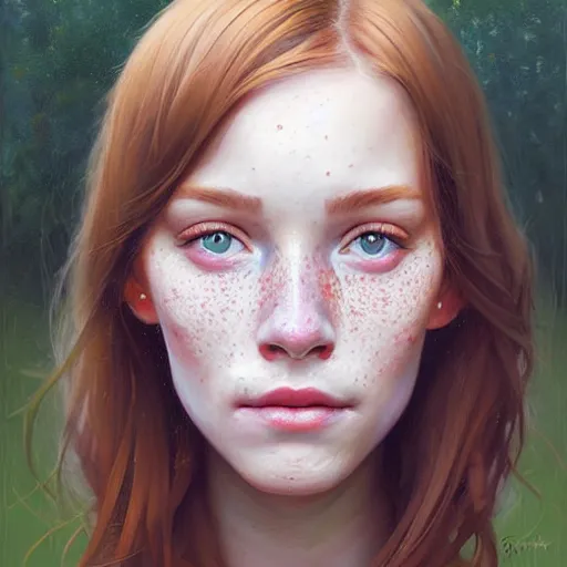 Image similar to Facial portrait of a pretty cottagecore girl, looking at the camera, slight awkward smile, lips slightly parted, some light freckles, no hands visible, extremely detailed painting by Greg Rutkowski and by Steve Henderson and by Harumi Hironaka