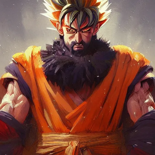 Image similar to masterpiece portrait painting of medieval goku by wlop and greg rutkowski, highly detail, featured in art station