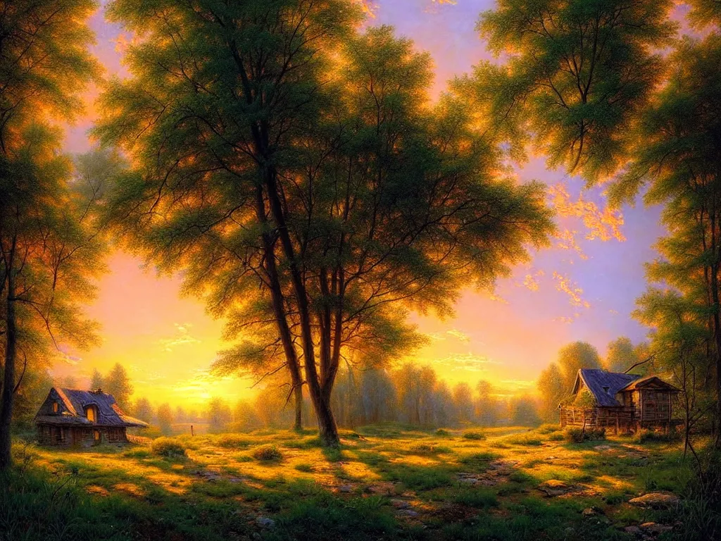 Prompt: beautiful landscape house in the village summer, evening, sun is going down warm color palette natural lighting, soft light, artstation high detailed, melancholy pastel art, oil on canvas by ivan shishkin and phil koch