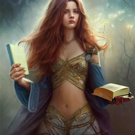 Prompt: a girl with magic book coming out from her arms, under the skin, ultradetailed, hair flowing down, 8 k, hyperrealistic, hyperdetailed, fantasy portrait by laura sava