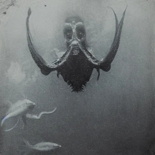 Image similar to tintype photo, swimming deep underwater, alien squid