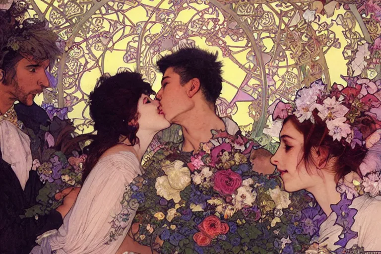 Image similar to the groom kisses the bride at a wedding full of flowers, bright and happy, dreamlike art, highly detail, 4 k realistic, wedding photoy krenz cushart. artem demura. alphonse mucha. yoji shinkawa artgerm. jon lothian. danilo torres. adi meyers. thomas reimann. gaston bussiere.