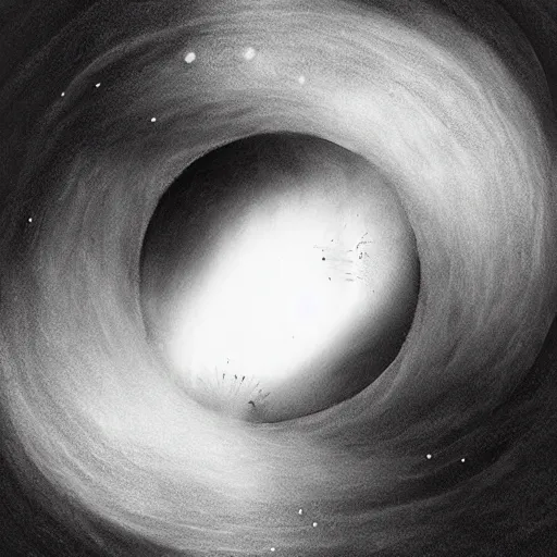 Image similar to a beautiful illustration of a black hole. this hole appears to be a portal to another dimension or reality, and it is emitting a bright, white light. there are also stars and other celestial objects around it. charcoal, botanical illustration by daniel jaems weary