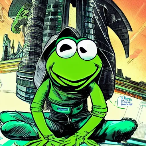 Prompt: cyberpunk kermit the frog marvel comics