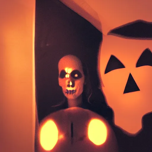 Image similar to A selfie of a woman in a dark room, with a spooky filter applied, with a figure in the background, in a Halloween style.