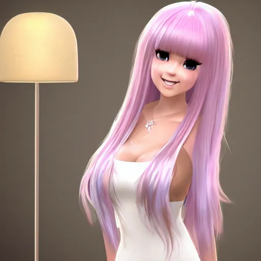 Image similar to Render of Nikki from Shining Nikki Dress-Up Game, a cute 3D young woman, long light pink hair, full bangs, full round face, hazel amber eyes, pale skin, cute freckles, light blush, Chinese heritage, smiling softly, wearing casual clothing, interior lighting, cozy living room background, medium shot, mid-shot, hyperdetailed, trending on Artstation, Unreal Engine 4k