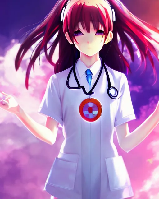 Image similar to anime style, vivid, expressive, full body, 4 k, painting, a cute magical girl with a long wavy black hair wearing a nurse outfit, stunning, realistic light and shadow effects, centered, simple background, studio ghibly makoto shinkai yuji yamaguchi