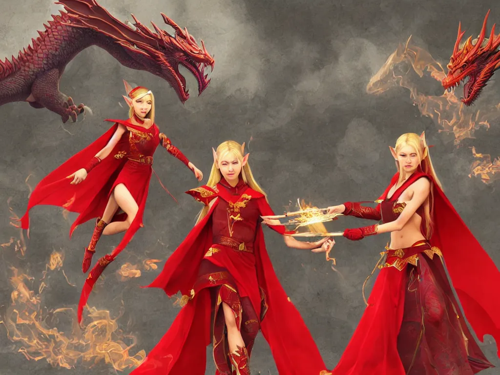 Image similar to a realistic asian fantasy illustration of a female elf mage in a scale mail and a red cape casting a fire spell in a shape of a dragon