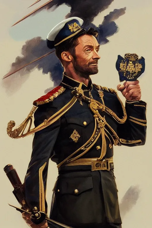 Image similar to Hugh Jackman in a Royal Navy uniform with medals on his jacket, holding a ceremonial sword, highly detailed, digital painting, Trending on artstation , HD quality, by artgerm and greg rutkowski and alphonse mucha, dramatic light, octane