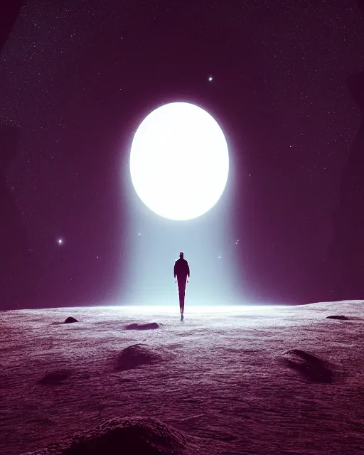 Image similar to a person standing in front of a glowy open door that's on a barren moon, poster art by mike winkelmann, trending on cg society, space art, sci - fi, ue 5, futuristic, volumetric lighting