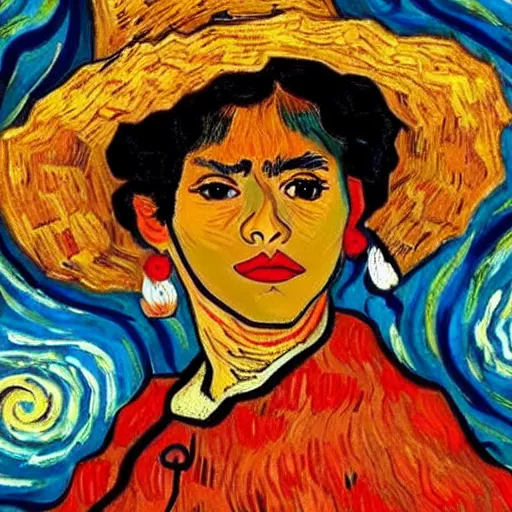 Image similar to beautiful tan mexican woman, dancing in a field of roses, prominent rosy cheek bones, black hair and brown eyes, van gogh art style,