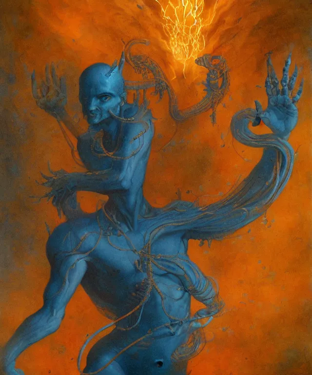 Image similar to blue shiva with man ’ s body, glowing fiery background, in the style of peter mohrbacher, wayne barlowe, gustav moreau, bussiere, roberto ferri, santiago caruso, luis ricardo falero, austin osman spare, colorful