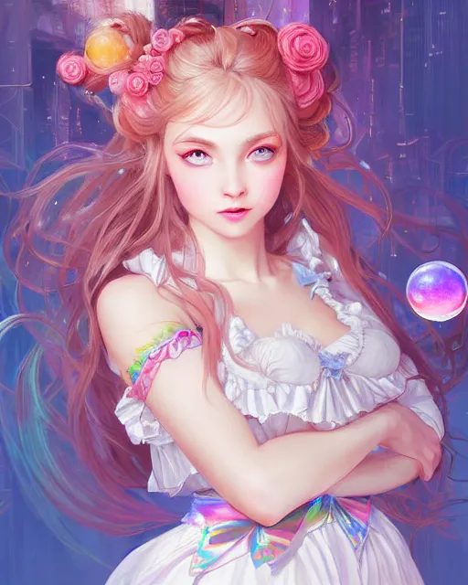 Image similar to portrait of magical lolita girl, dreamy and ethereal, expressive pose, big blue eyes, exciting expression, fantasy, intricate, elegant, many rainbow bubbles, rose tones, highly detailed, digital painting, artstation, concept art, cyberpunk wearing, smooth, sharp focus, illustration, art by artgerm and greg rutkowskiand alphonse mucha