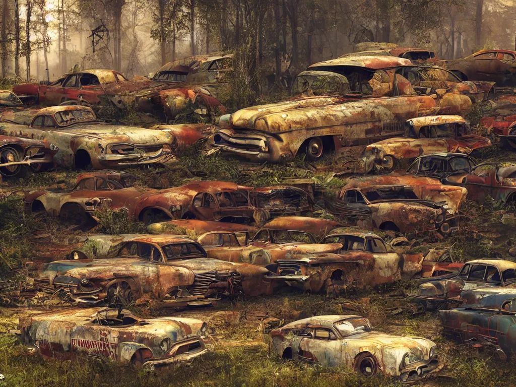 Prompt: an abandoned junkyard in a forrest full of rusty dream cars from the fifties by raymond swanland, 1 6 mm wideangle lens, volumetric lighting, octane render, artstation