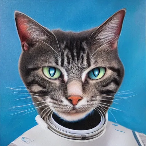 Image similar to A cat with beautiful blue eyes in a space suit flying over the Earth, oil painting, concept art, trending on artstation