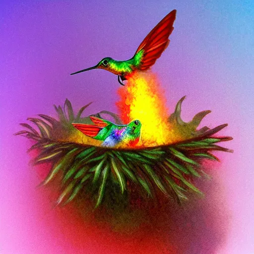 Prompt: a medium shot of a small red flaming hummingbird nesting in a nest of glowing rainbow crystal.