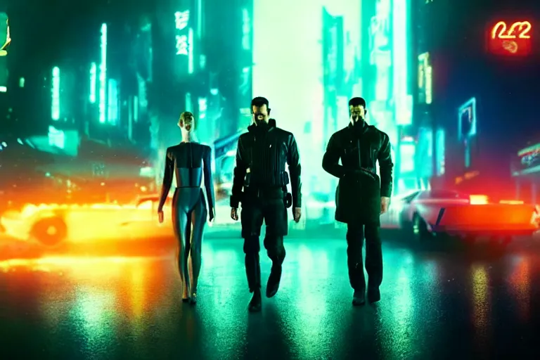 Prompt: film still of closeup beautiful futuristic police squad in blade runner 2 0 4 9, cinematic, moody, gritty neon noir by emmanuel lubezki