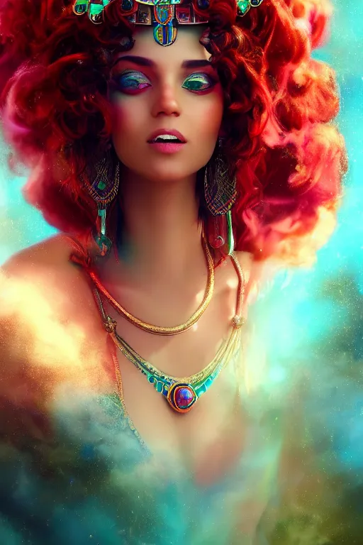 Image similar to dreamy beautiful persian egyptian princess in colorful clouds and smoke, green eyes, red dress, long black curly hair, smiling in awe wearing a diamond tiara, face, highly detailed, artstation, concept art, sharp focus, hyper realistic, octane render, unreal engine, 8 k