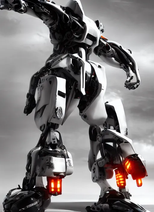 Image similar to a Photorealistic dramatic hyperrealistic full frame render of a Sleek futuristic exosuit Freedom Formula Racing Mech,Ultra realistic details,glossy white metal,Orange racing stripes,weathered surfaces,by Hidetaka Tenjin,Yoh Yoshinori,Yoji Shinkawa,Masamune Shirow,Beautiful dramatic dark moody tones and lighting,cinematic atmosphere,studio lighting,shadows,dark background, Octane render,8K