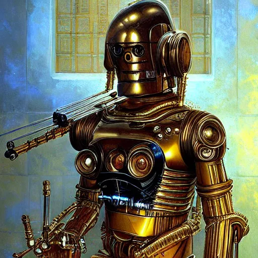Prompt: medium shot stunning portrait of C3PO playing the golden lyre, painting by Raymond Swanland and Donato Giancola, Robot, sci-fi, cybernetic, hq