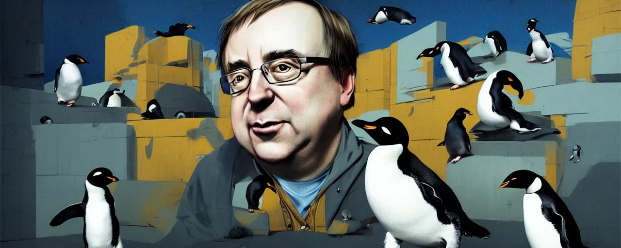 Image similar to duotone abstrac tconcept illustration 3 / 4 portrait of linus torvalds with penguins in the background. cinematic scene. vlumetric lighting. golden rario accidental renaissance. by sachin teng and sergey kolesov and ruan jia and heng z. graffiti art, scifi, fantasy, hyper detailed. octane render. concept art. trending on artstation