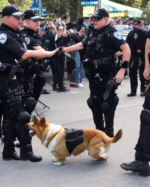 Prompt: a corgi police dogs wearing tactical k 9 gear, crowd control. riots