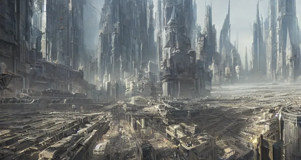 Prompt: hyper realistic sci - fi matte concept art painting of city made from giant stacks of disks, beautiful details, strong composition painted by kim jung guweta studio rutkowski, james gurney and greg rutkowski, and lucasfilm, smooth, intricate, detailed, sharp focus, cinematic