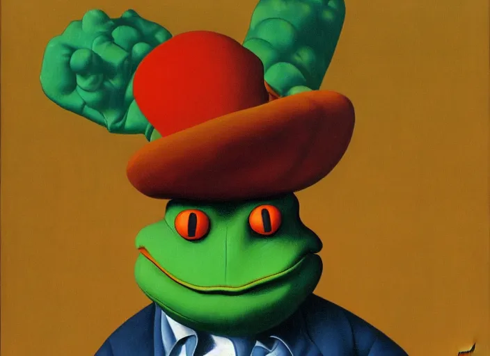 Prompt: The Clown Frog King welcomes you Clown World, painting by René Magritte and Robert Crumb and Ralph McQuarrie