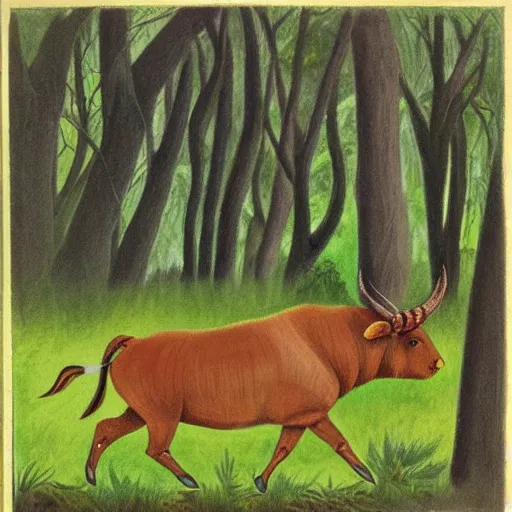 Prompt: an aurochs walking though a forest. illustration. nature illustration. textbook illustration.
