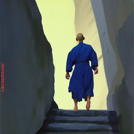 Prompt: ripped physique portrait of the astute monk blue robe climbing the treacherous mountain stairway to the monastery jamie wyeth james gilleard edward hopper greg rutkowski acrylic painting